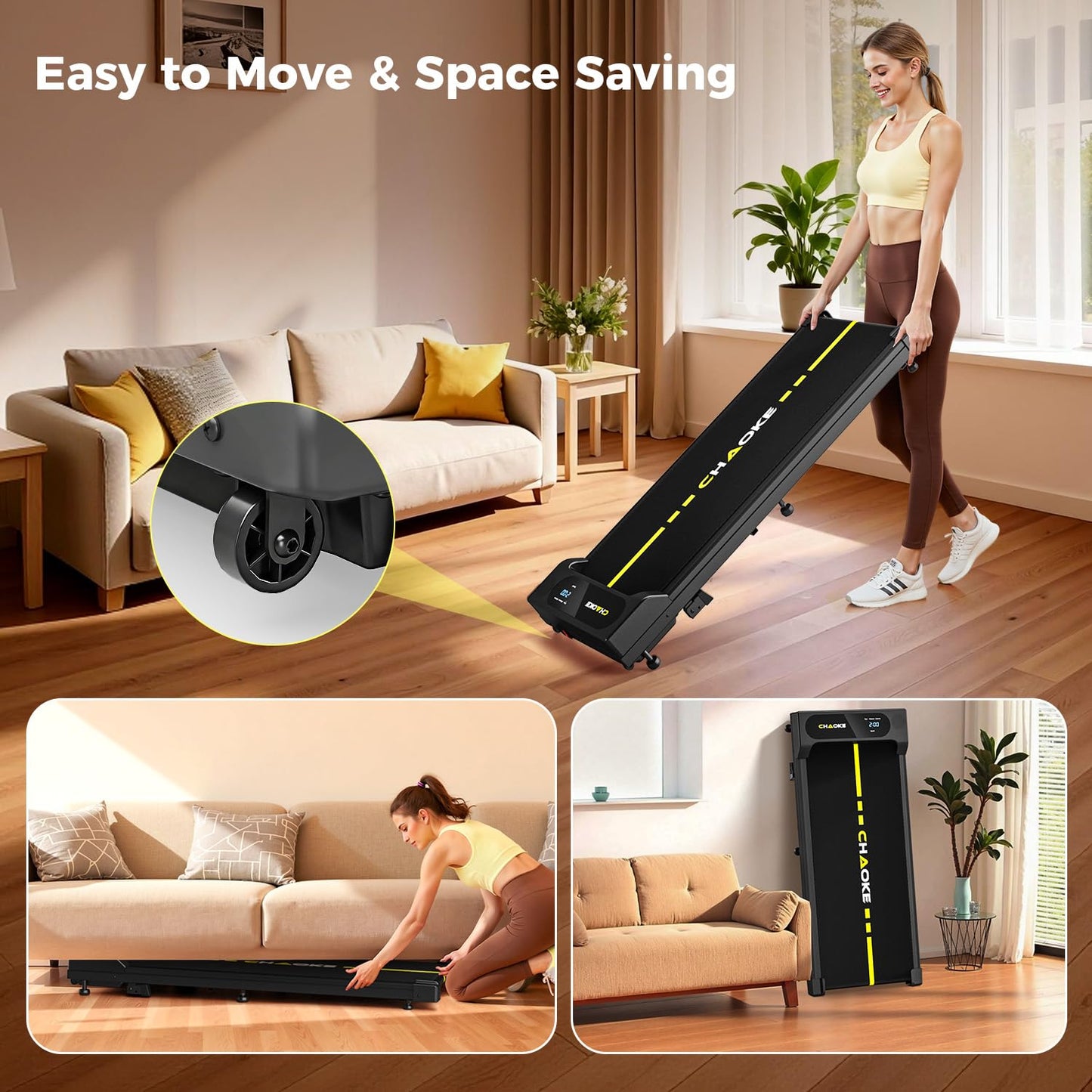CHAOKE Walking Pad with 9% Incline - Under Desk Treadmill with App, 2.7HP 1-10KM/H Running Machine Built-in Speaker One-Piece Molded, 330 lbs Capacity, Jogging Machine for Home Office