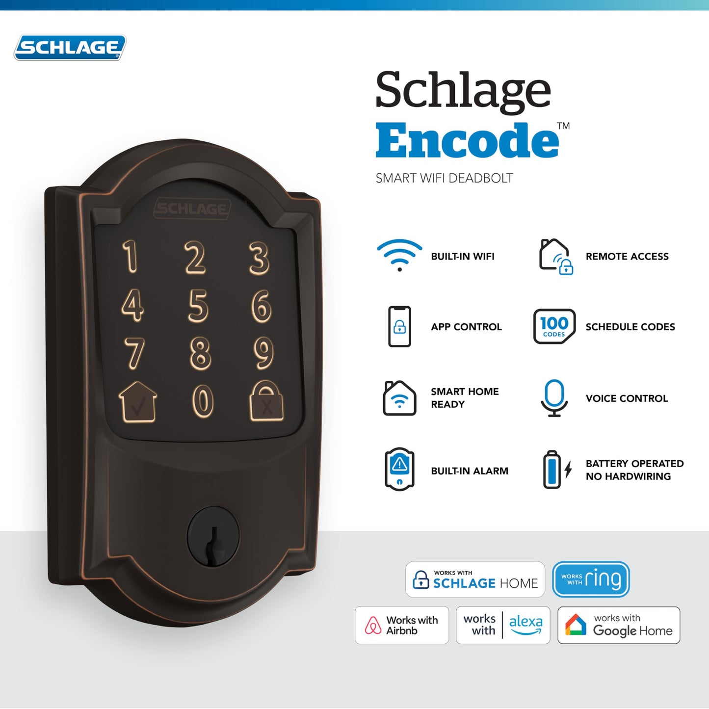 Schlage Encode Smart WiFi Deadbolt | Keyless Touchscreen | Alexa Google | Guest Codes | Bronze