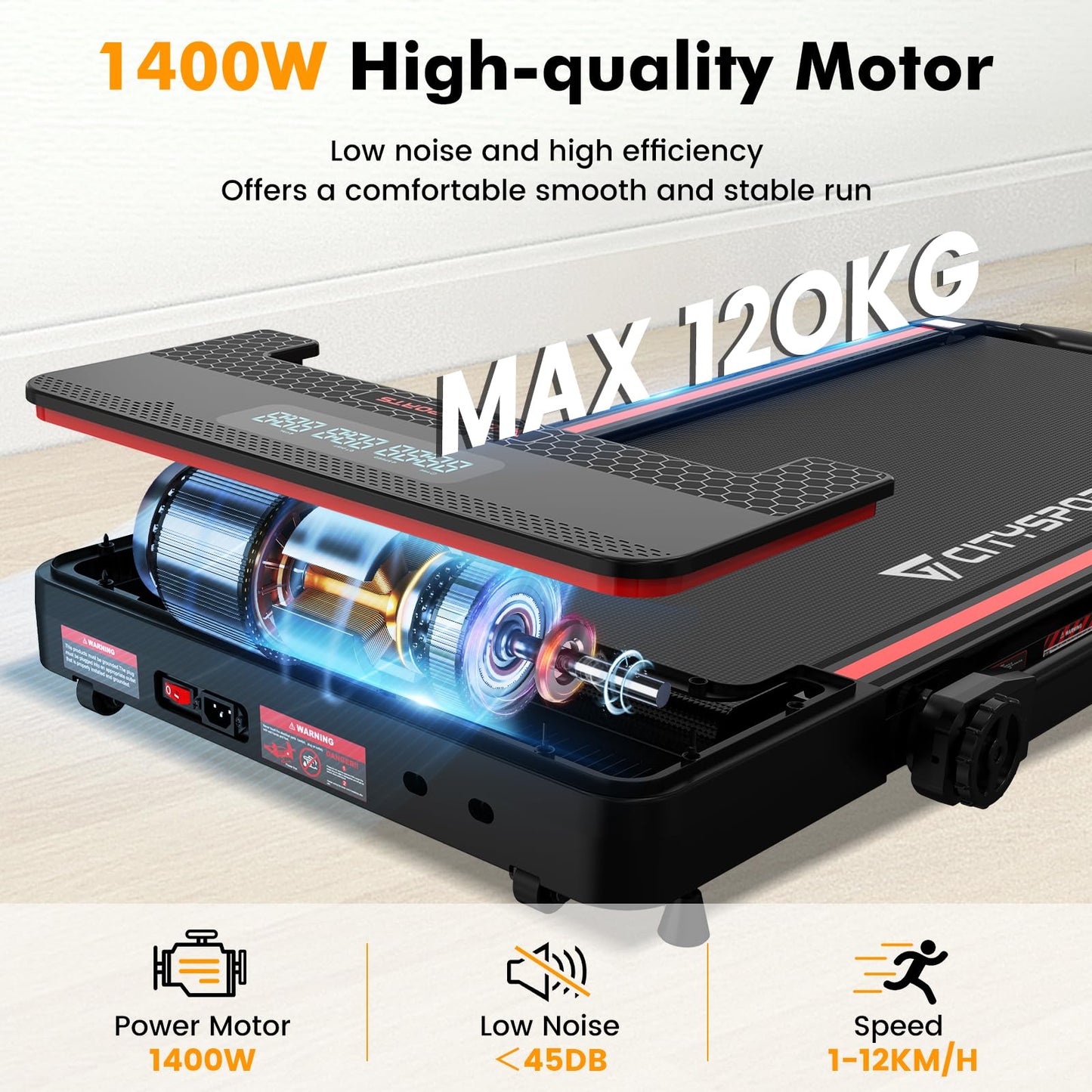 CITYSPORTS 8% Incline Folding Treadmill, Walking Pad, Fitness Under Desk Treadmill with Remote Control, APP, 1-12KM/H, LED Display, 120kg Weight Capacity