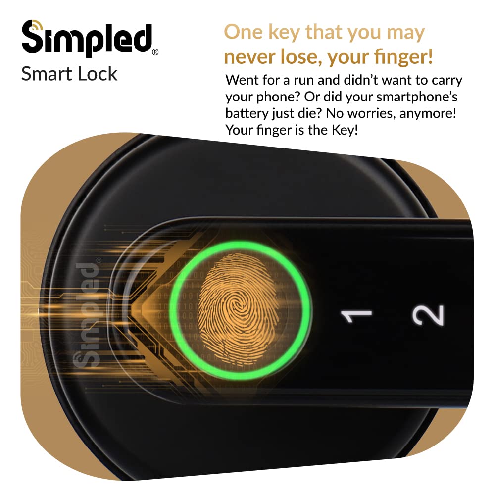 Simpled LF LeverLine Smart Lock, Fingerprint Keyless Security Entry Door Lock, Bluetooth Electronic Deadbolt, Touch Keypad, Smartphone Access (Dark)…