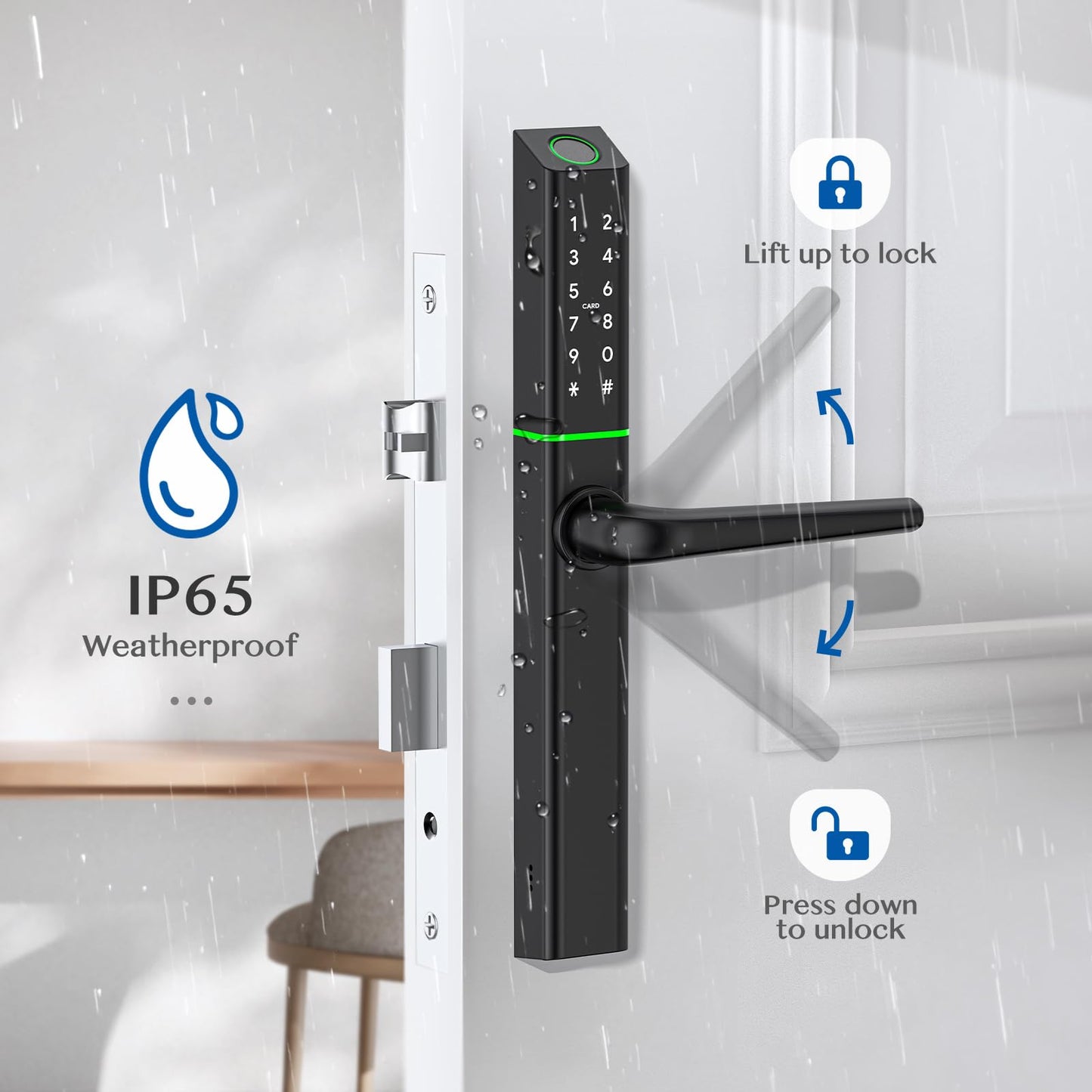 Ruveno Weatherproof Fingerprint Türschloss mit Griff | Keyless | Bluetooth | APP | Silm