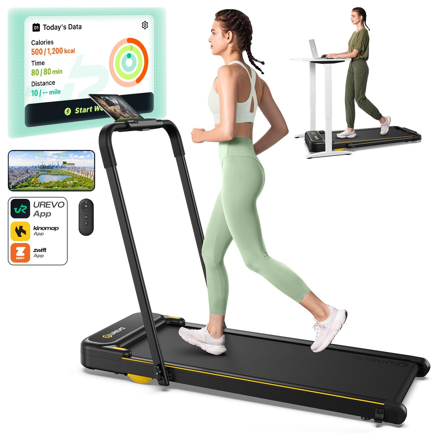 UREVO Home Treadmill with APP, 3 in 1 Folding Walking Pad with Dual Shock Absorption, ‎1-10km/h, Foldable Electric Treadmill with Remote Control and LED for Home/Office (Fonce)