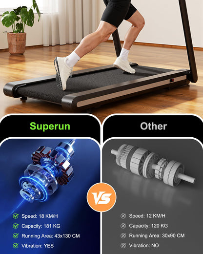 Superun Foldable Treadmill 12% Auto Incline, 181KG Capacity Treadmills for Heavy User Hidden Motor Design, 18KM/H Treadmills for Home 4 Vibration Modes, APP Control Running Machine AI Training Coach