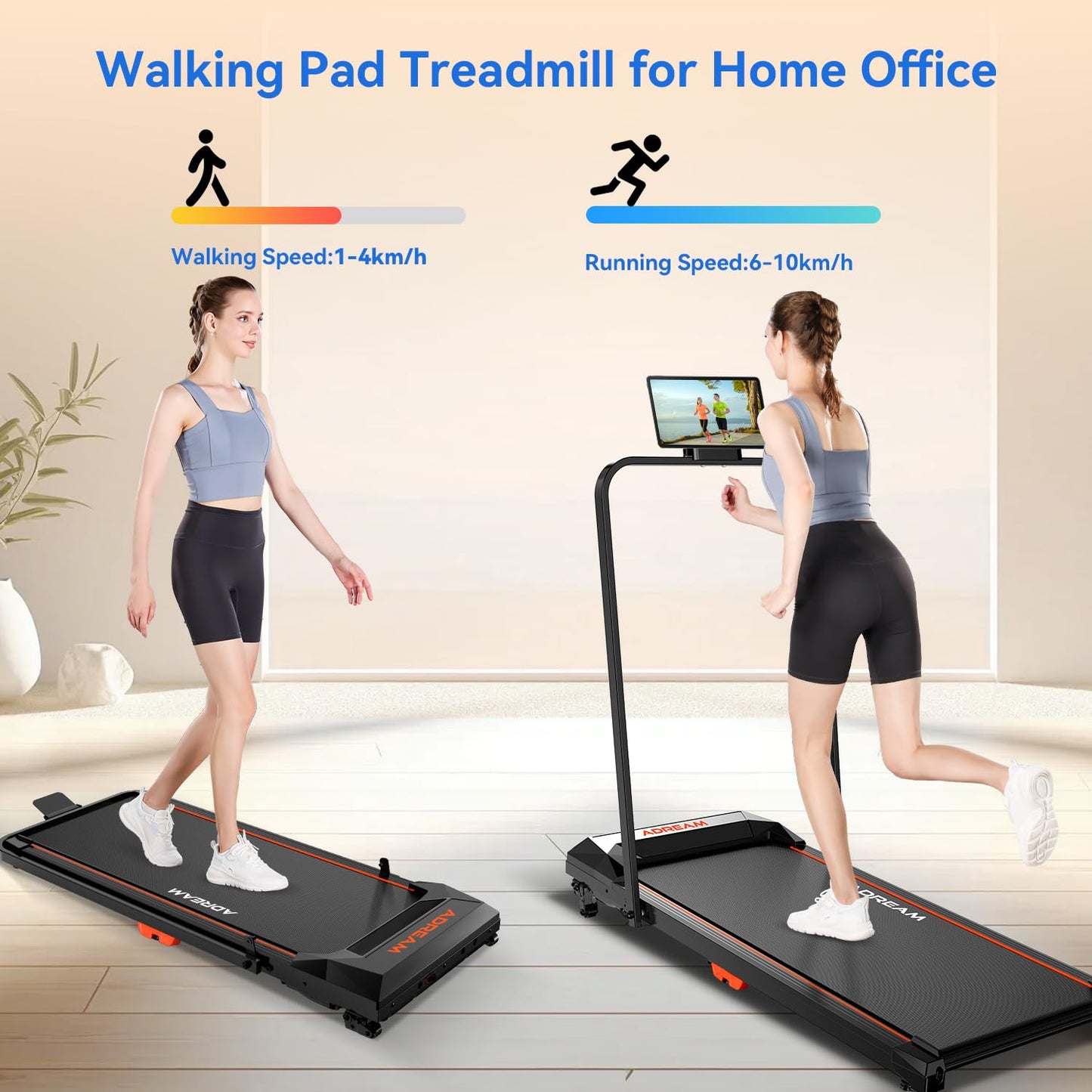Walking Pad Treadmill with Incline, ADREAM Foldable Under Desk Treadmill, Portable Walking Running Machine with Remote Control and LED Display