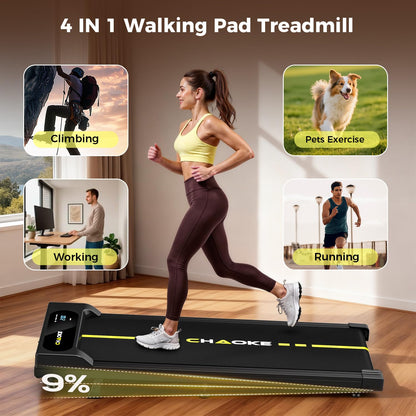 CHAOKE Walking Pad with 9% Incline - Under Desk Treadmill with App, 2.7HP 1-10KM/H Running Machine Built-in Speaker One-Piece Molded, 330 lbs Capacity, Jogging Machine for Home Office
