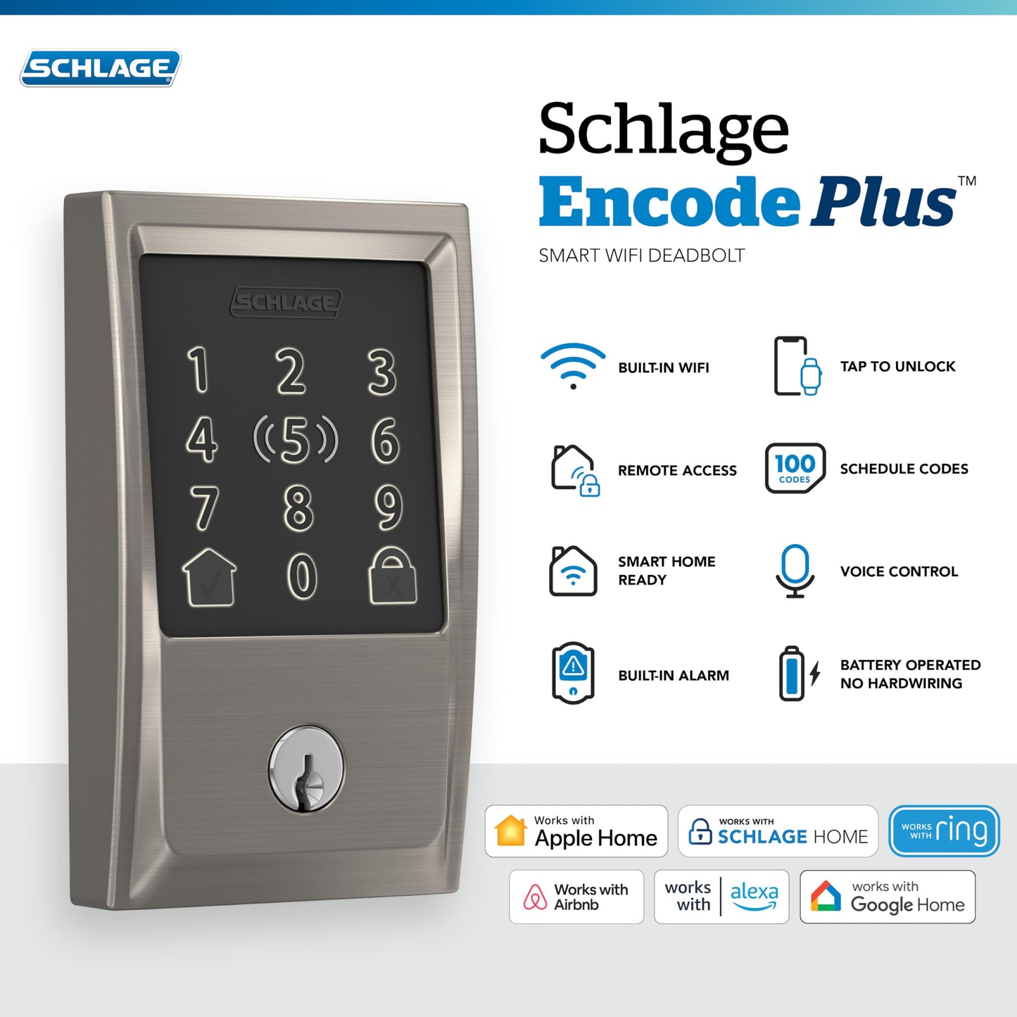 SCHLAGE BE499WBCEN619 Encode Plus Smart WiFi Deadbolt Lock, Satin Nickel