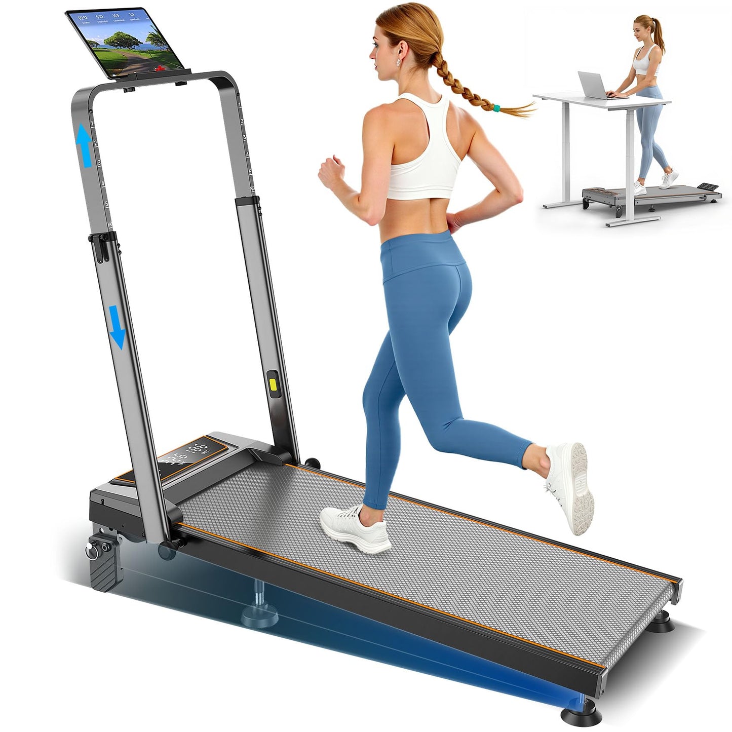 Treadmill Walking Pad with 12% Incline & Height Adjustable Handle Bar, Trisomy 4 in 1 Walking Pad with Handle Bar, 350LBS Foldable Walking Pad Treadmill with Incline for Home, 3.5HP Small Treadmills