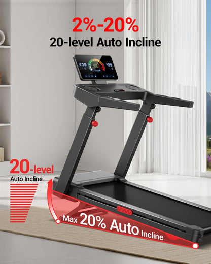 Foldable Treadmills for Home with 20% Auto Incline, 14KM/H Treadmill with Handles, Running Machine for Heavy People, 180KG Weight Capacity, Large Running Belt and Intelligent LED Touch Screen