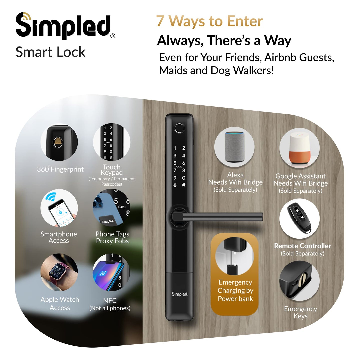Simpled SF SlimSeries Smart Lock 7-in-1 Fingerprint | Weatherproof | Keyless | Bluetooth | Schwarz