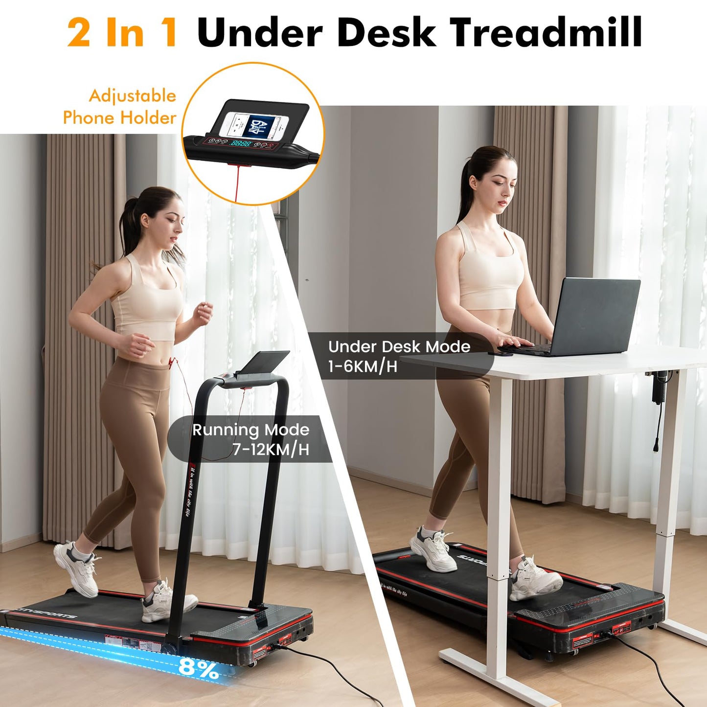 CITYSPORTS 8% Incline Folding Treadmill, Walking Pad, Fitness Under Desk Treadmill with Remote Control, APP, 1-12KM/H, LED Display, 120kg Weight Capacity