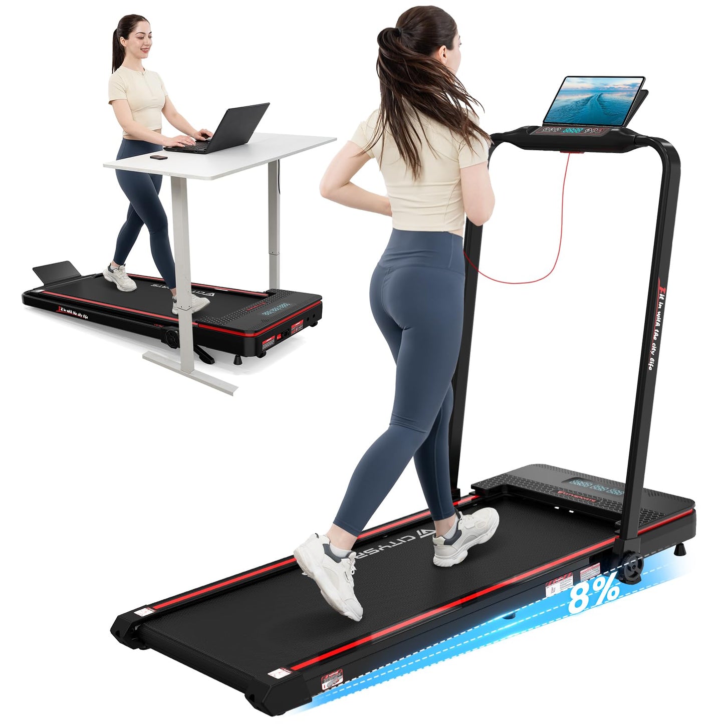 CITYSPORTS 8% Incline Folding Treadmill, Walking Pad, Fitness Under Desk Treadmill with Remote Control, APP, 1-12KM/H, LED Display, 120kg Weight Capacity