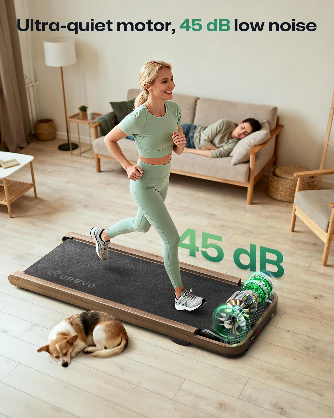 UREVO Wooden Walking Pad with SmartCoach APP, Under Desk Treadmill for Office, Portable Treadmills for Home, Walking Jogging Machine 1-6 km/h with Remote Control, Classic Wooden Aesthetic