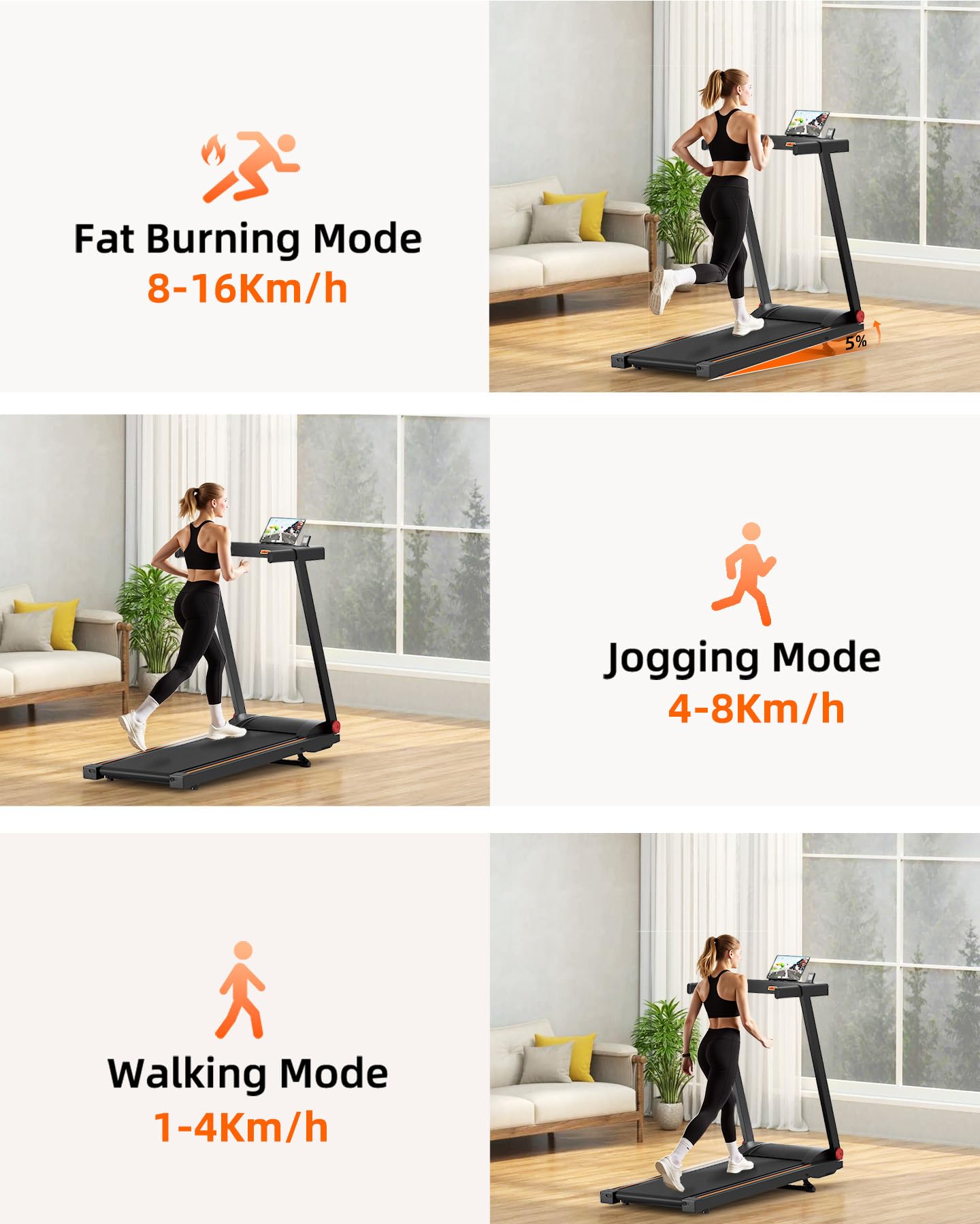 Superun Treadmills for Home Foldable With 5% Incline, 16km/h, 112 * 42cm, 158KG Capacity Folding Treadmill, 2573W Motor Running Machines for Home with APP Control, Door to Door Delivery