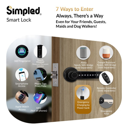 Simpled LF LeverLine Smart Lock, Fingerprint Keyless Security Entry Door Lock, Bluetooth Electronic Deadbolt, Touch Keypad, Smartphone Access (Dark)…
