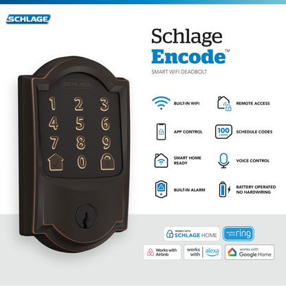 Schlage Encode Smart WiFi Deadbolt | Keyless Touchscreen | Alexa Google | Guest Codes | Bronze