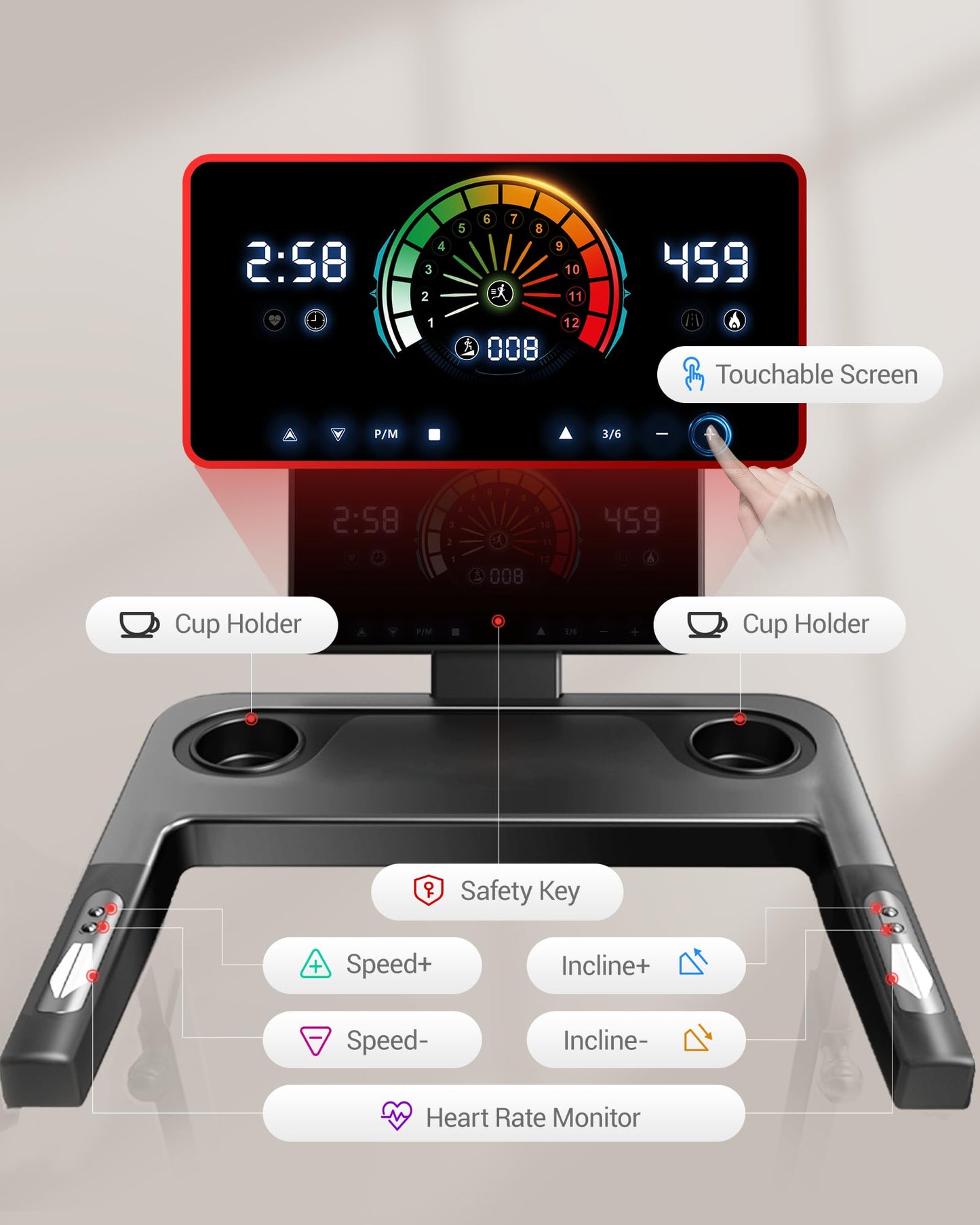 Foldable Treadmills for Home with 20% Auto Incline, 14KM/H Treadmill with Handles, Running Machine for Heavy People, 180KG Weight Capacity, Large Running Belt and Intelligent LED Touch Screen