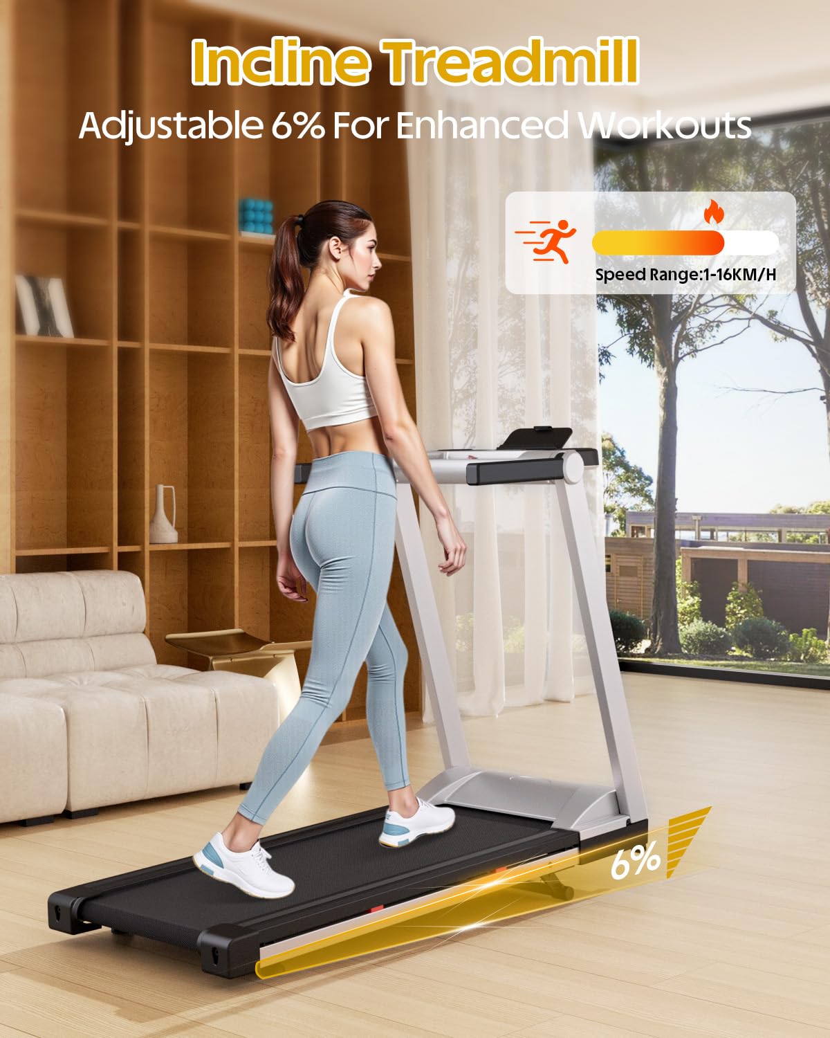Lacuffy Treadmills for Home Foldable 112x42cm, 158kg Weight Capacity, 16km/h, 6% Incline Folding Treadmill for Heavy People, Raceable Foldable Treadmill with Multi-runner Race, Door to Door Delivery