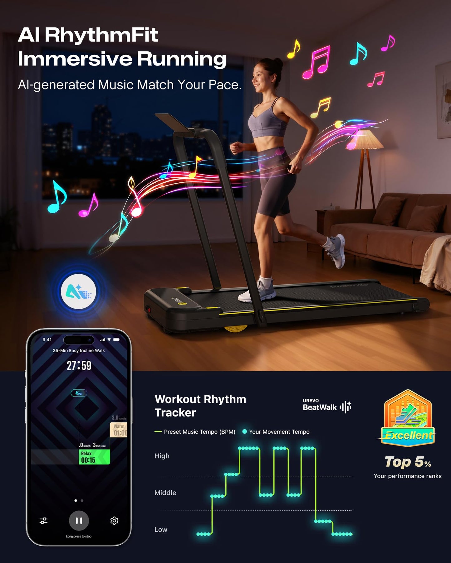 UREVO Home Treadmill with APP, 3 in 1 Folding Walking Pad with Dual Shock Absorption, ‎1-10km/h, Foldable Electric Treadmill with Remote Control and LED for Home/Office (Fonce)
