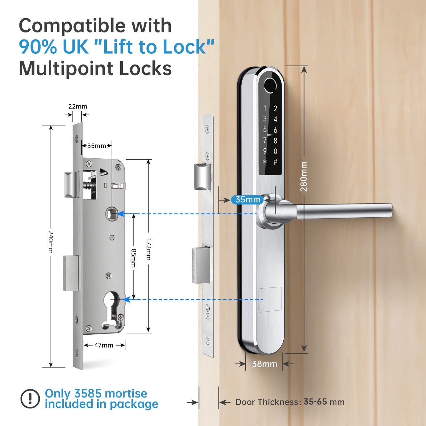 Ruveno Slim Fingerprint Türschloss Silber | Keyless Keypad | Bluetooth | Code | Türgriff