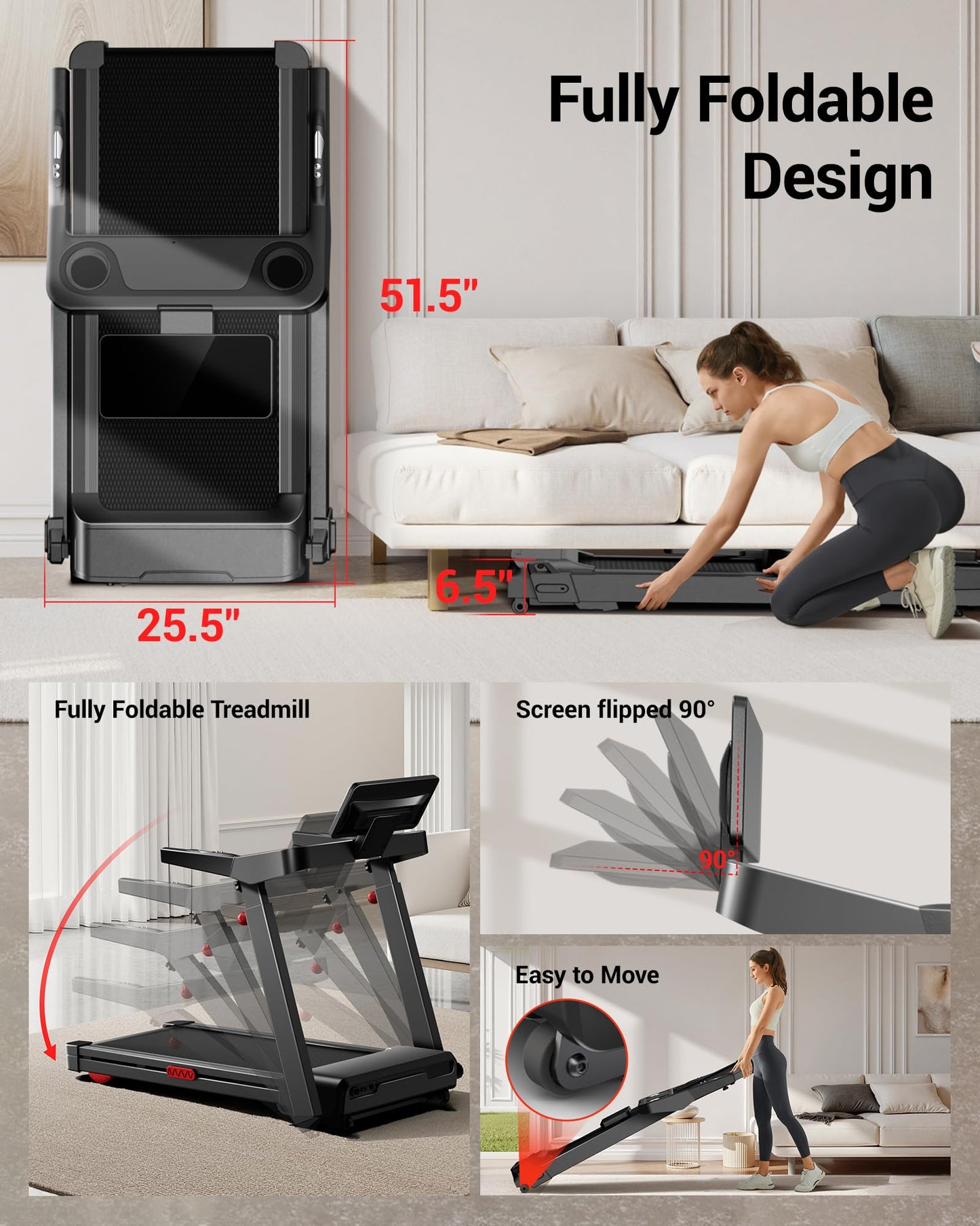Foldable Treadmills for Home with 20% Auto Incline, 14KM/H Treadmill with Handles, Running Machine for Heavy People, 180KG Weight Capacity, Large Running Belt and Intelligent LED Touch Screen