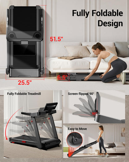Foldable Treadmills for Home with 20% Auto Incline, 14KM/H Treadmill with Handles, Running Machine for Heavy People, 180KG Weight Capacity, Large Running Belt and Intelligent LED Touch Screen