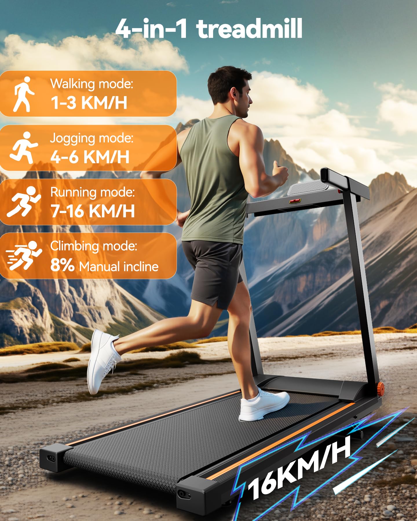 Lacuffy Treadmills for Home Foldable 112x42cm, 159kg Weight Capacity, 16km/h, 8% Incline Folding Treadmill for Heavy People, Raceable Foldable Treadmill with Multi-runner Race, Door to Door Delivery