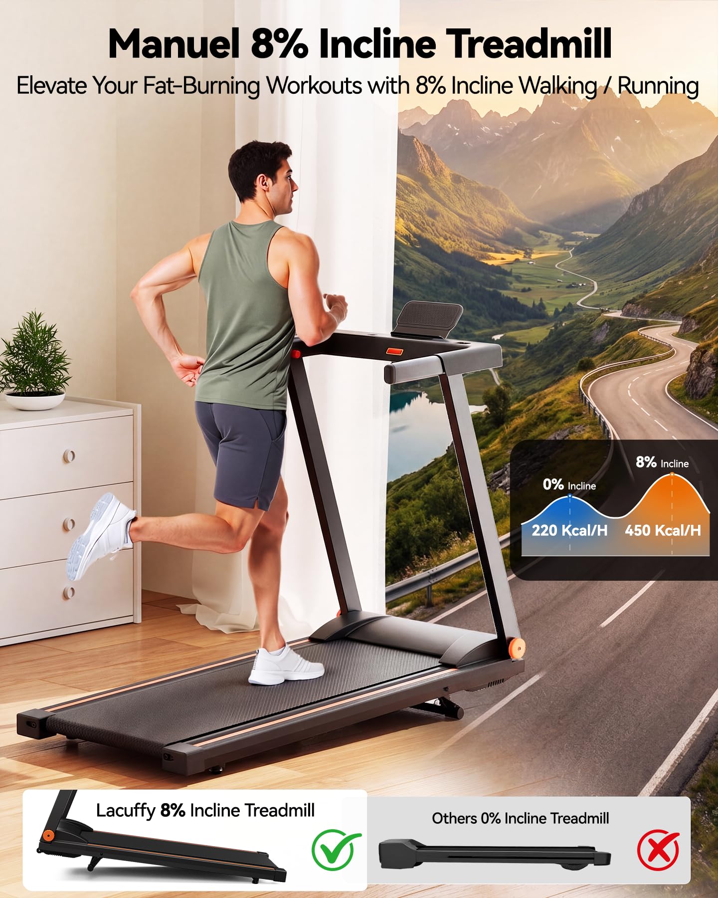 Lacuffy Treadmills for Home Foldable 100x42cm, 136kg Weight Capacity, 12km/h, 8% Incline Folding Treadmill for Heavy People, Raceable Foldable Treadmill with Multi-runner Race, Door to Door Delivery
