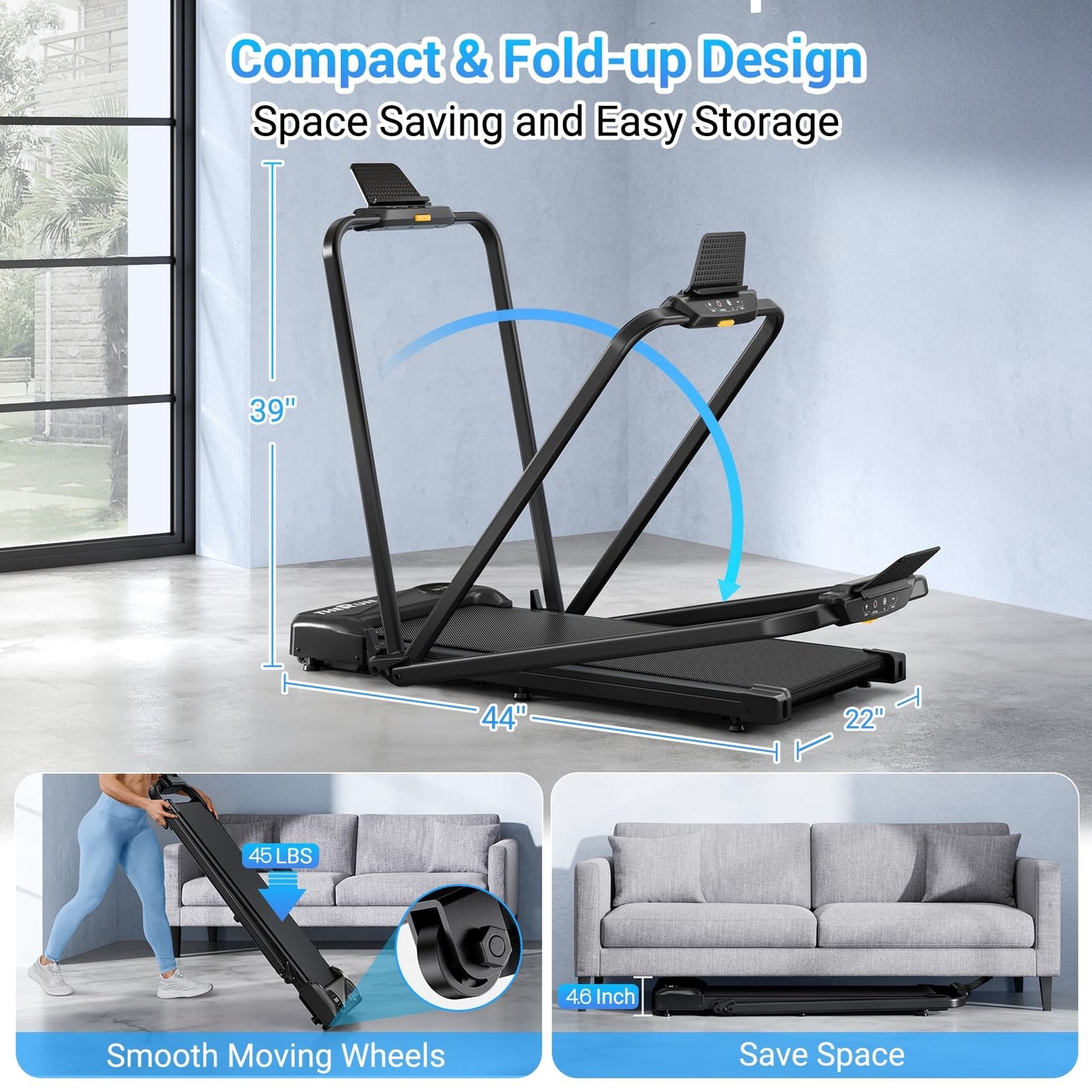THERUN Lightweight Walking Pad for Home, 2-in-1 Portable Treadmill with 2.5HP Motor 1-10 km/h, Foldable Jogging Machine for Small Apartments, Remote Control, No Assembly Required, Easy Storage