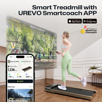 UREVO Wooden Walking Pad with SmartCoach APP, Under Desk Treadmill for Office, Portable Treadmills for Home, Walking Jogging Machine 1-6 km/h with Remote Control, Classic Wooden Aesthetic