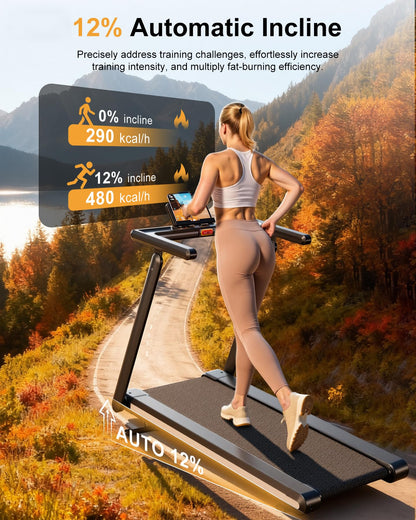 Lacuffy Foldable Treadmill with 12% Auto Incline, 181KG Capacity Treadmills for Heavy People, 18KM/H Running Machine for Home, APP Control with AI Coach, 4 Massage Modes