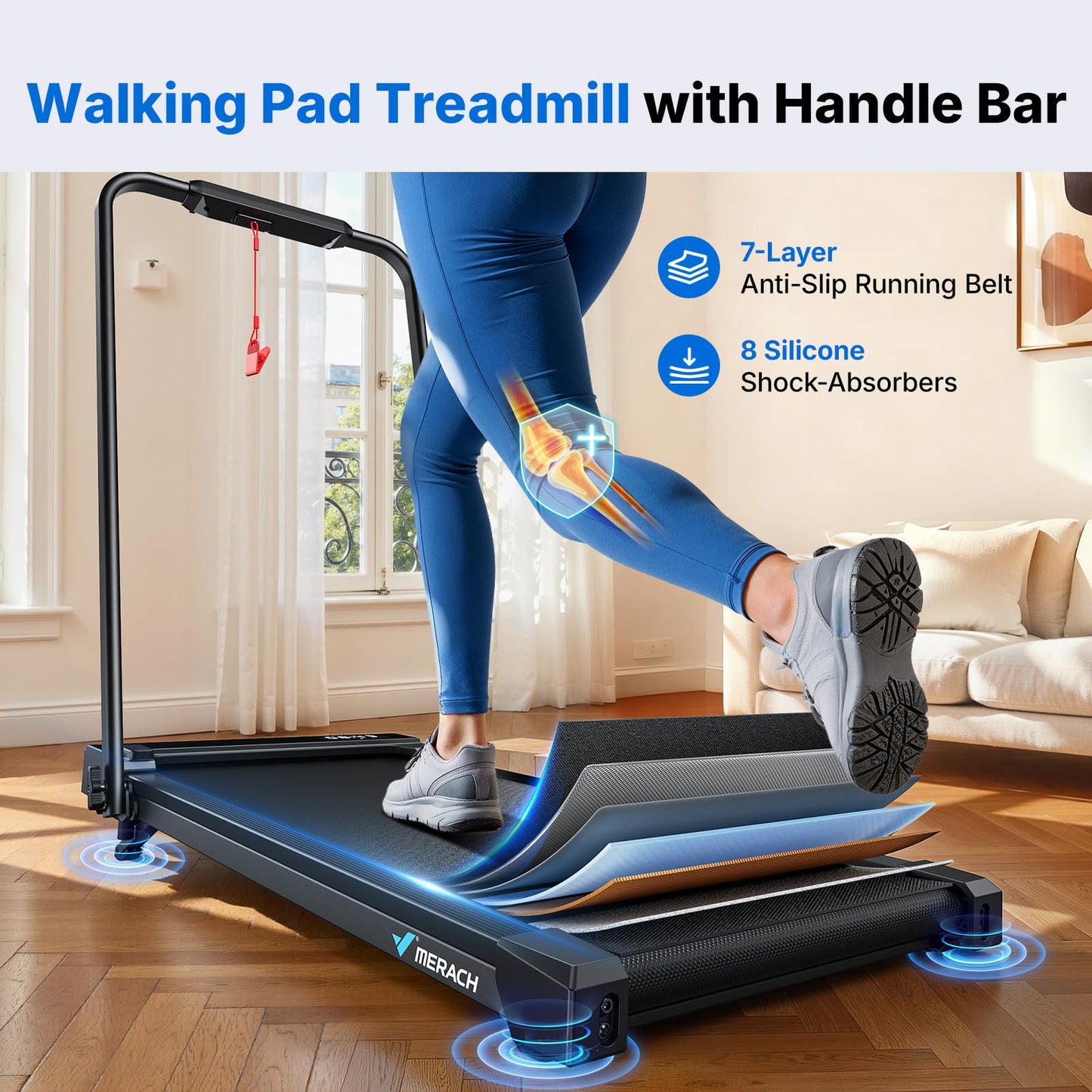 MERACH Walking Pad Treadmill with 6% Incline, 2-in-1 Foldable Treadmill for Home with Handrails, 3.0HP Motor, Max Speed 12km/h, LED Display & Smart APP, 300 LBS Weight Capacity, Space-Saving Design