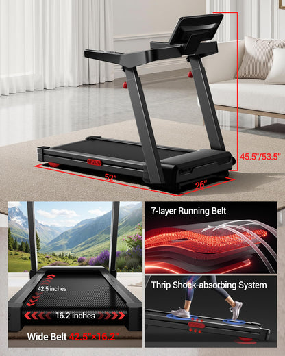 Foldable Treadmills for Home with 20% Auto Incline, 14KM/H Treadmill with Handles, Running Machine for Heavy People, 180KG Weight Capacity, Large Running Belt and Intelligent LED Touch Screen