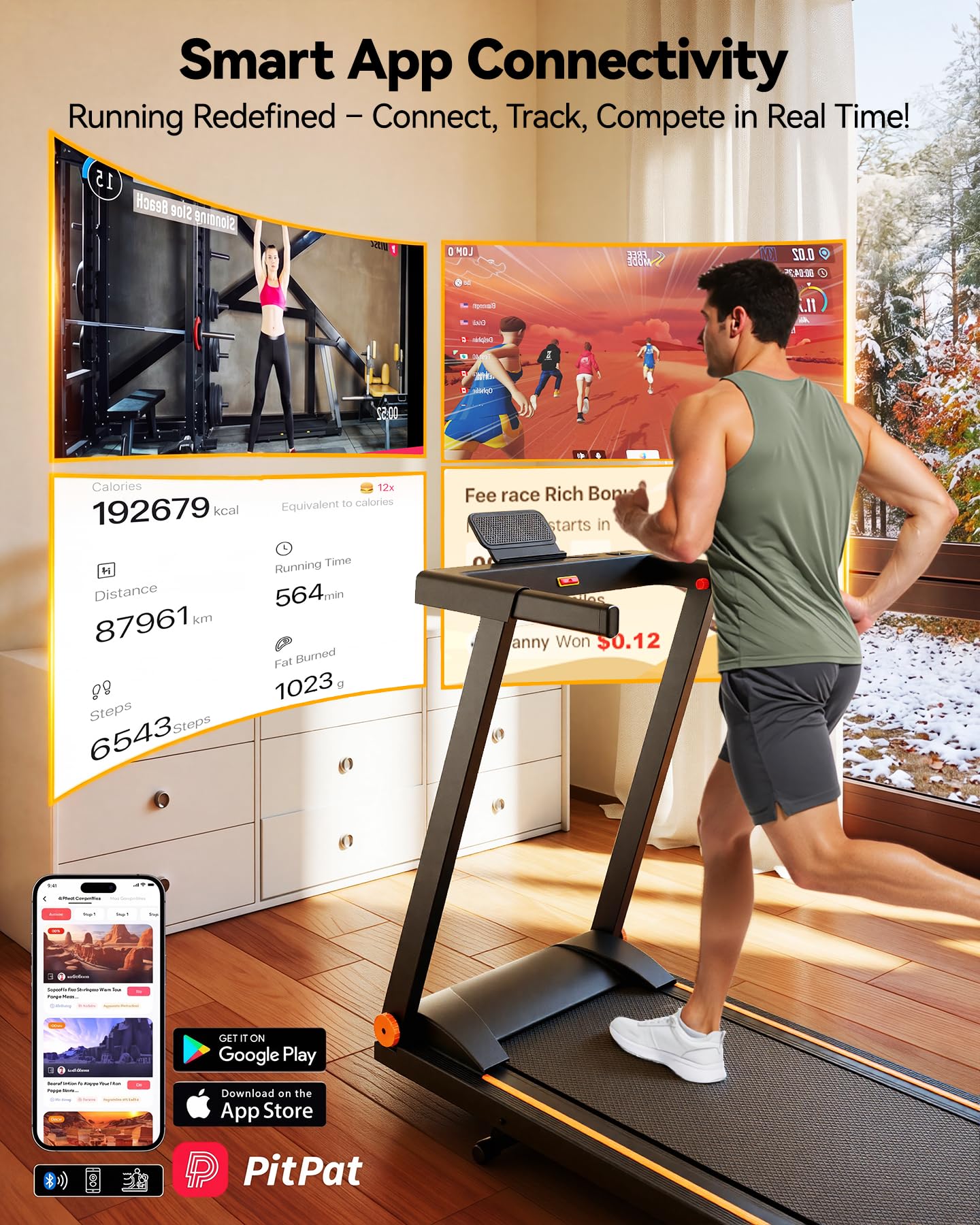 Lacuffy Treadmills for Home Foldable 100x42cm, 136kg Weight Capacity, 12km/h, 8% Incline Folding Treadmill for Heavy People, Raceable Foldable Treadmill with Multi-runner Race, Door to Door Delivery