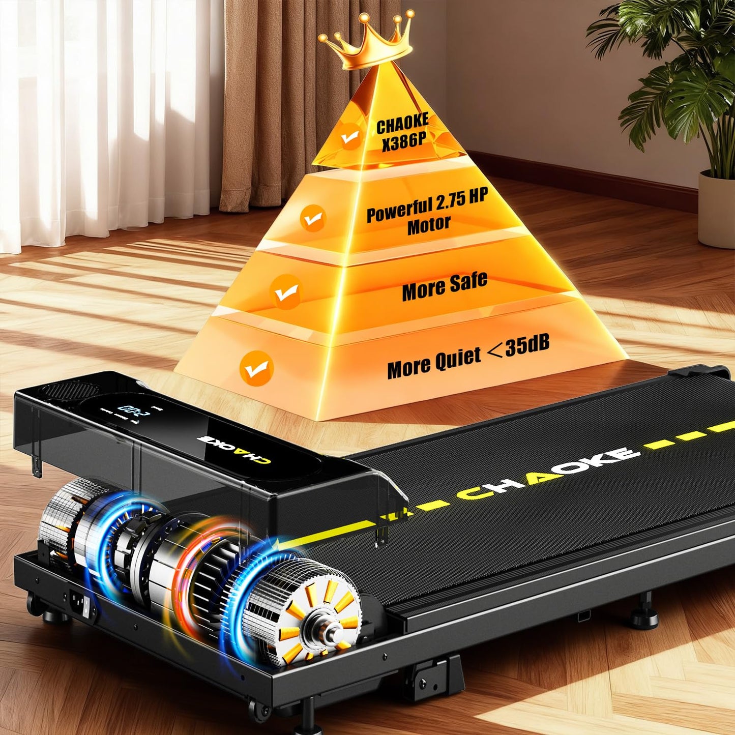 CHAOKE Walking Pad with 9% Incline - Under Desk Treadmill with App, 2.7HP 1-10KM/H Running Machine Built-in Speaker One-Piece Molded, 330 lbs Capacity, Jogging Machine for Home Office