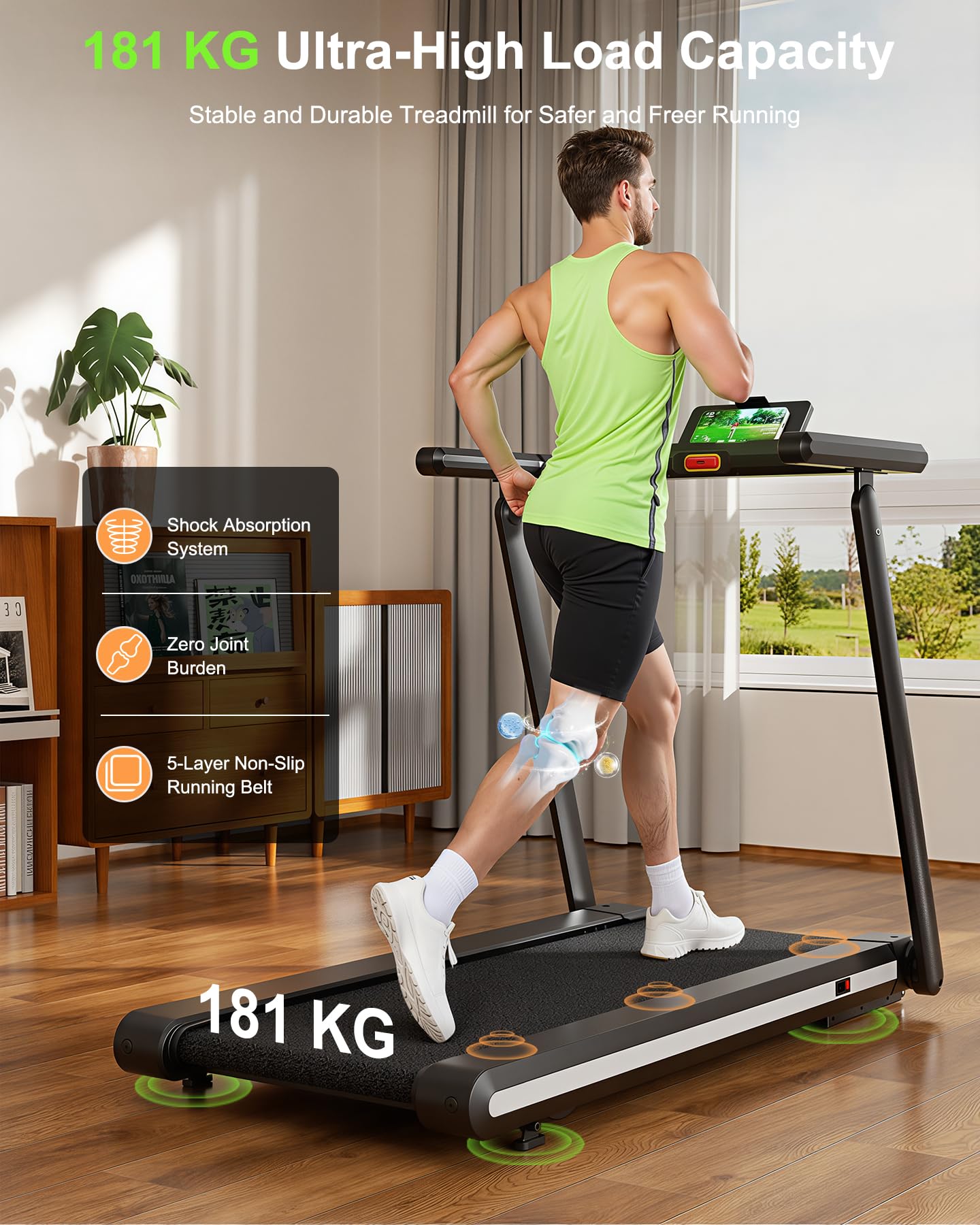 Superun Foldable Treadmill 12% Auto Incline, 181KG Capacity Treadmills for Heavy User Hidden Motor Design, 18KM/H Treadmills for Home 4 Vibration Modes, APP Control Running Machine AI Training Coach