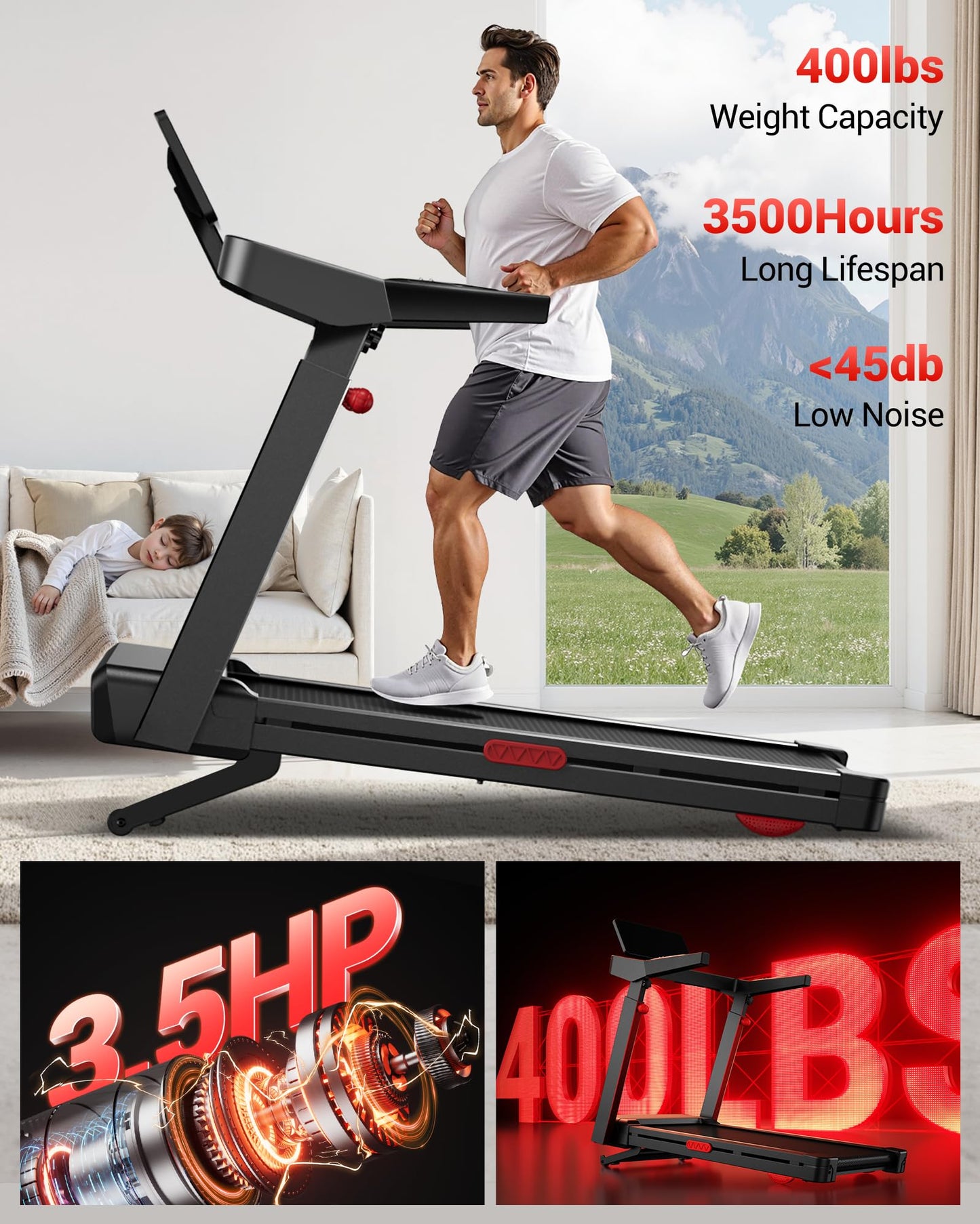 Foldable Treadmills for Home with 20% Auto Incline, 14KM/H Treadmill with Handles, Running Machine for Heavy People, 180KG Weight Capacity, Large Running Belt and Intelligent LED Touch Screen