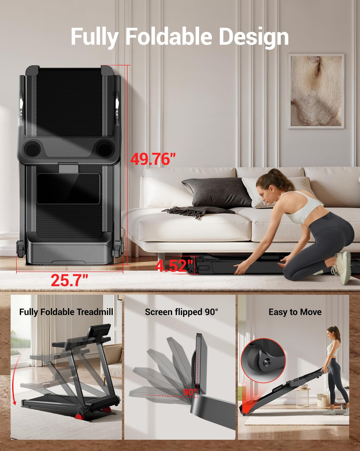 CURSOR FITNESS Foldable Treadmill for Home with 20% Incline, 14KM/H Folding Treadmills with Handles, Portable Indoor Running Machine with 180KG Weight Capacity, Large Running Belt and LED Touch Screen